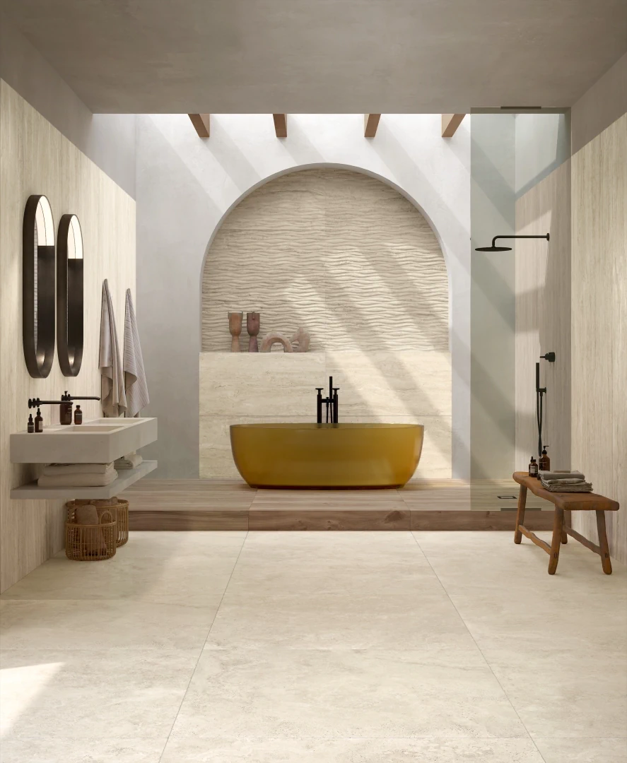 Gres Fondovalle ROYAL TRAVERTINO efekt marmur, - aranzacja w eleganckiej lazience