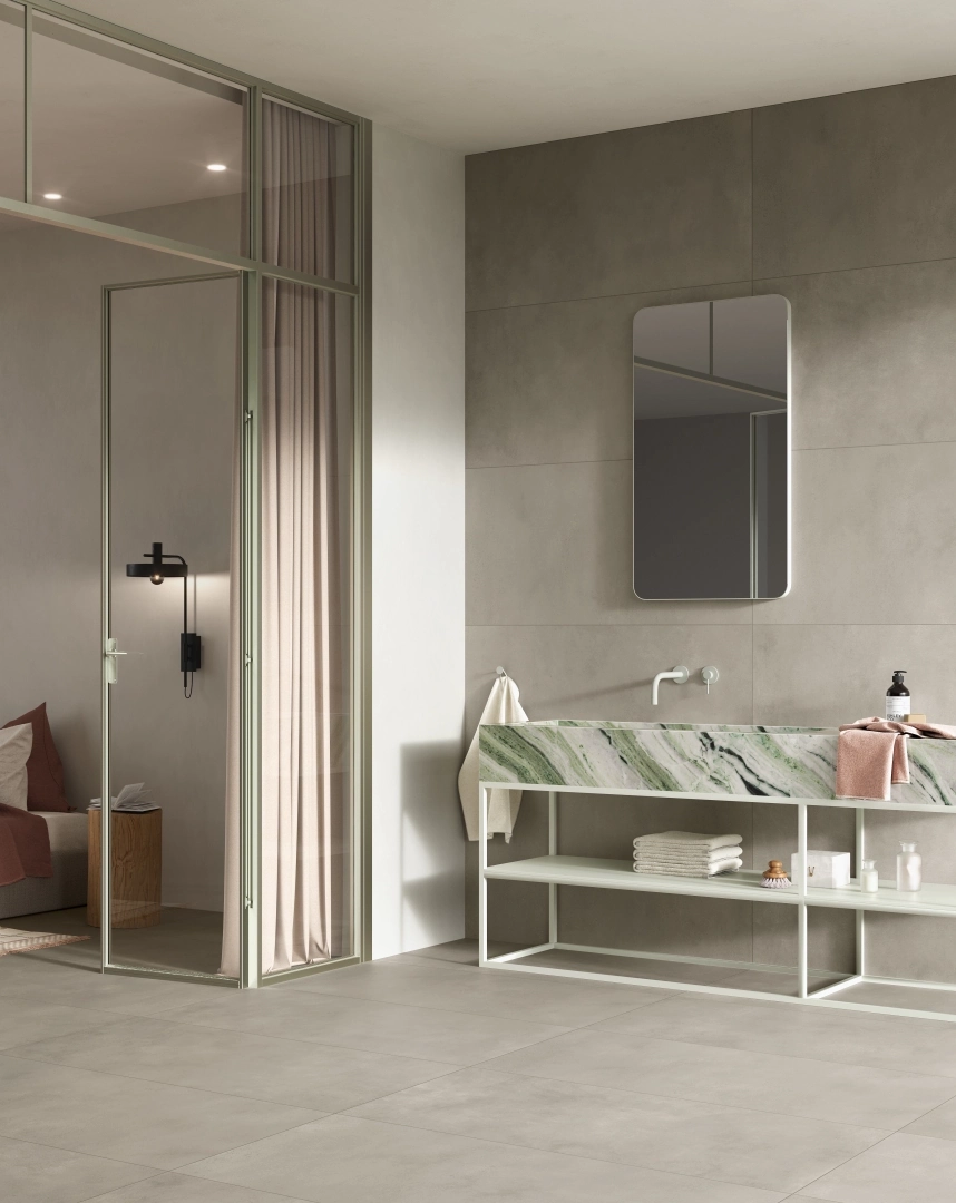 Gres Fondovalle HOMESCAPE efekt kamień - aranzacja w strefie dziennej z duzymi przeszkleniami