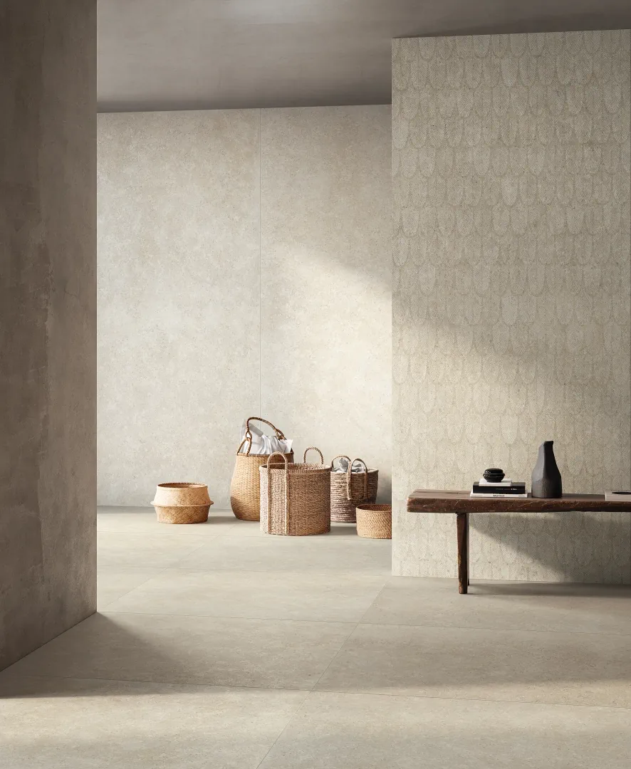 Gres Fondovalle BACKGROUND efekt beton - aranzacja w nowoczesnym salonie