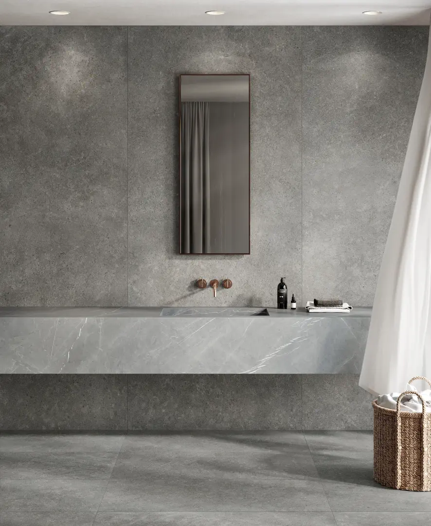 Gres Fondovalle BACKGROUND efekt beton - aranzacja w przestronnym holu