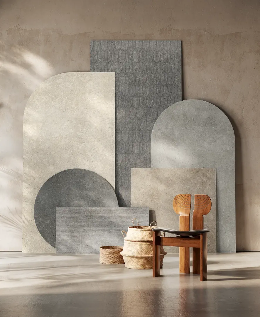 Gres Fondovalle BACKGROUND efekt beton - aranzacja w przy kominku