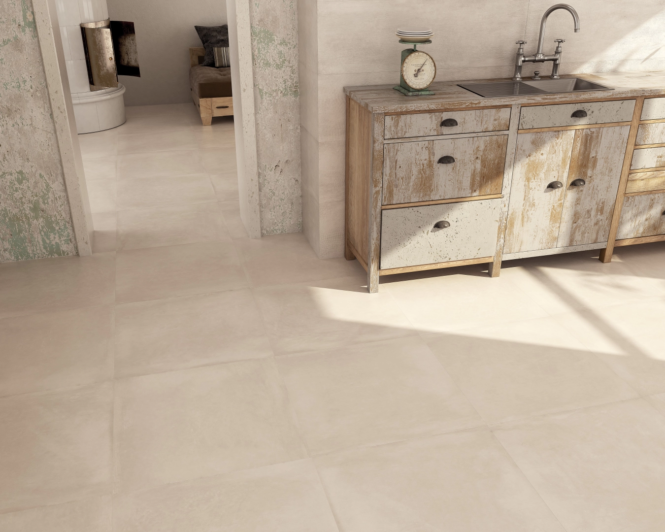 Gres Grespania WABI SABI efekt beton - aranzacja w minimalistycznym wnetrzu