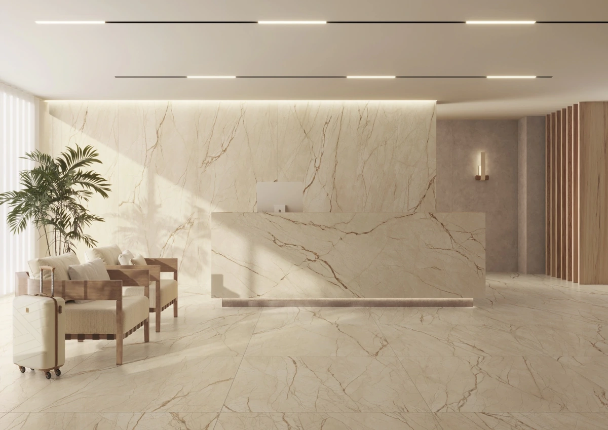 Gres Grespania CANELA ROMA efekt marmur - aranzacja w eleganckiej lazience