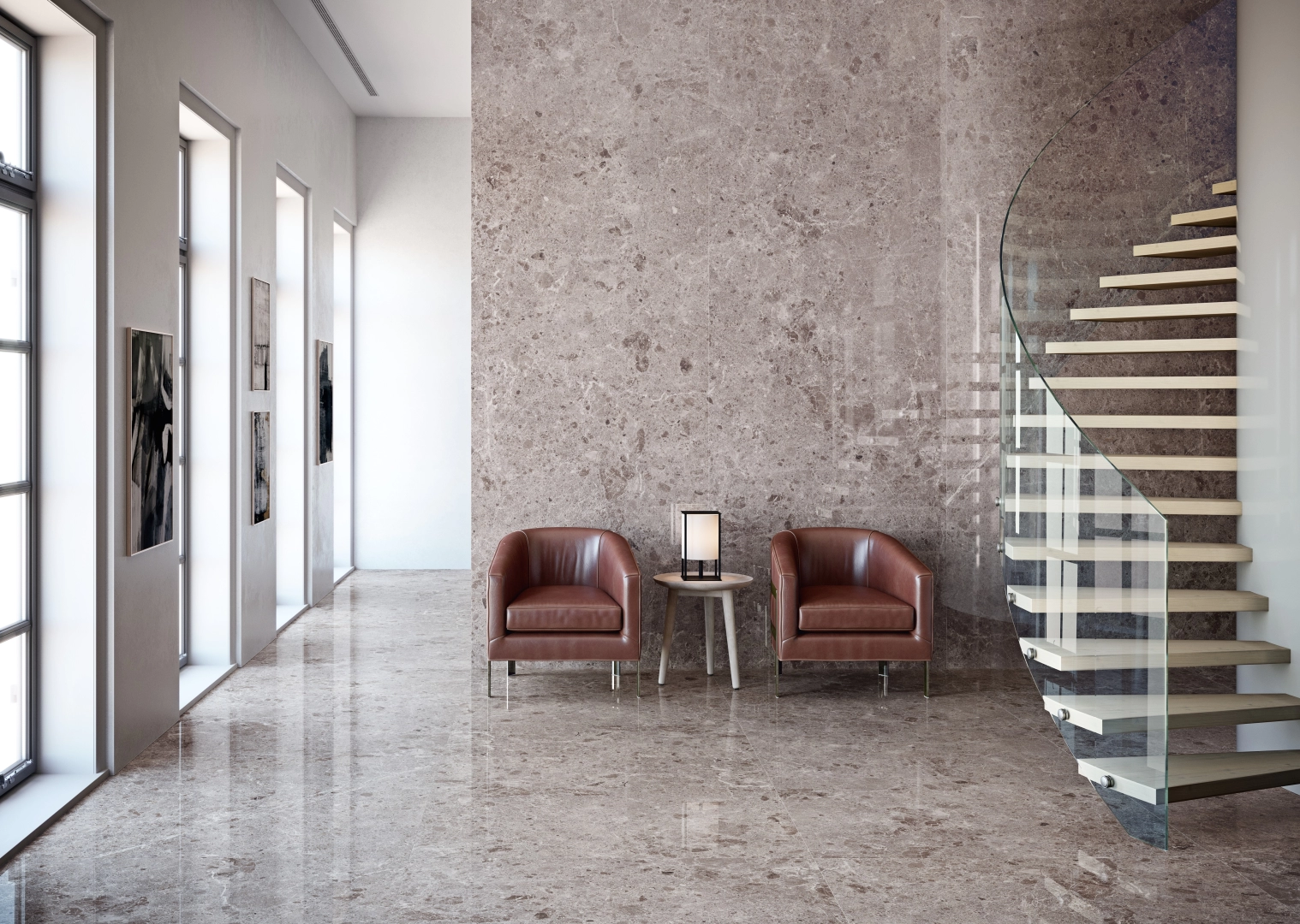 Gres Grespania ARTIC efekt terrazzo, marmur - aranzacja w korytarzu z naturalnym swiatlem