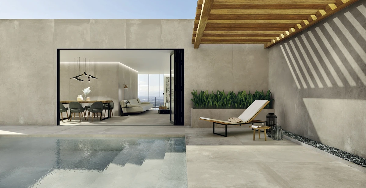 Gres Grespania MOMA efekt kamień, beton - aranzacja w przy kominku
