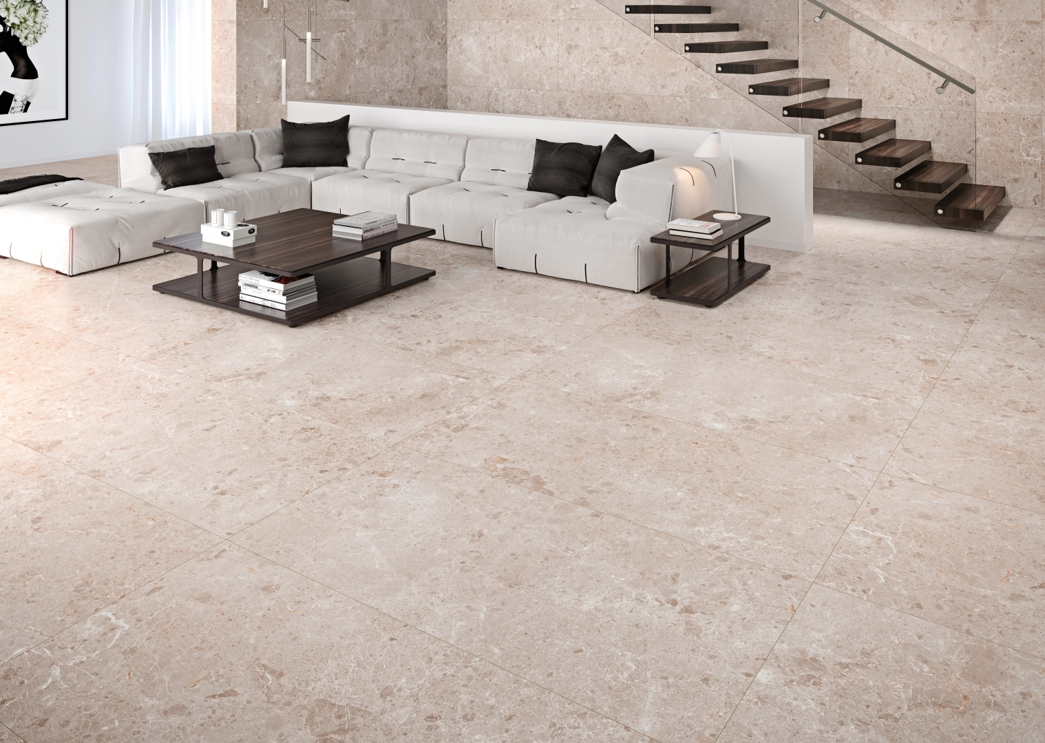 Gres Grespania ARTIC efekt terrazzo, marmur - aranzacja w minimalistycznym wnetrzu