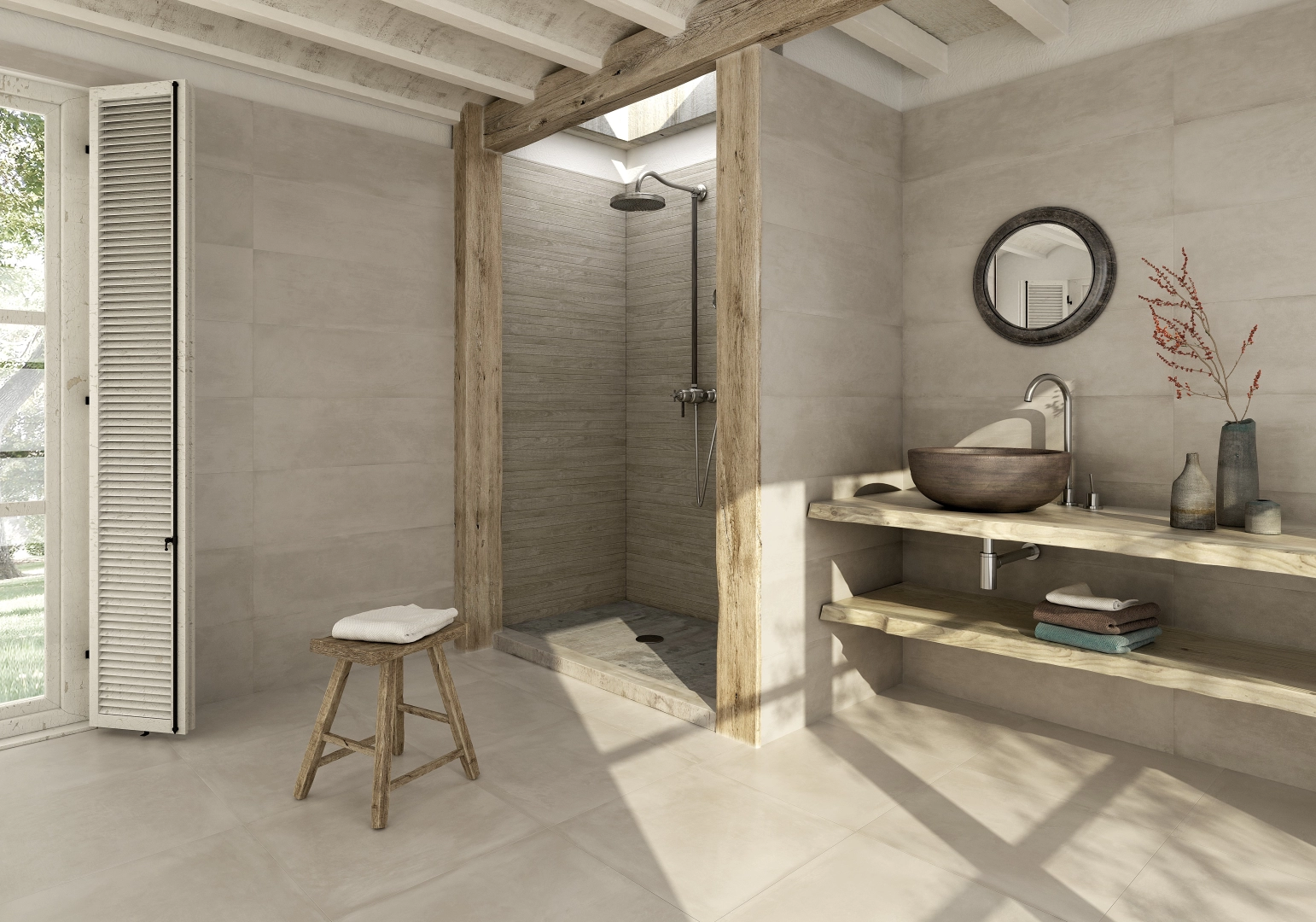 Gres Grespania WABI SABI efekt beton - aranzacja w korytarzu z naturalnym swiatlem