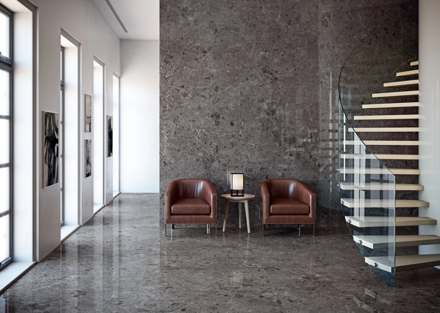 Gres Grespania ARTIC efekt terrazzo, marmur - aranzacja w przestronnym holu