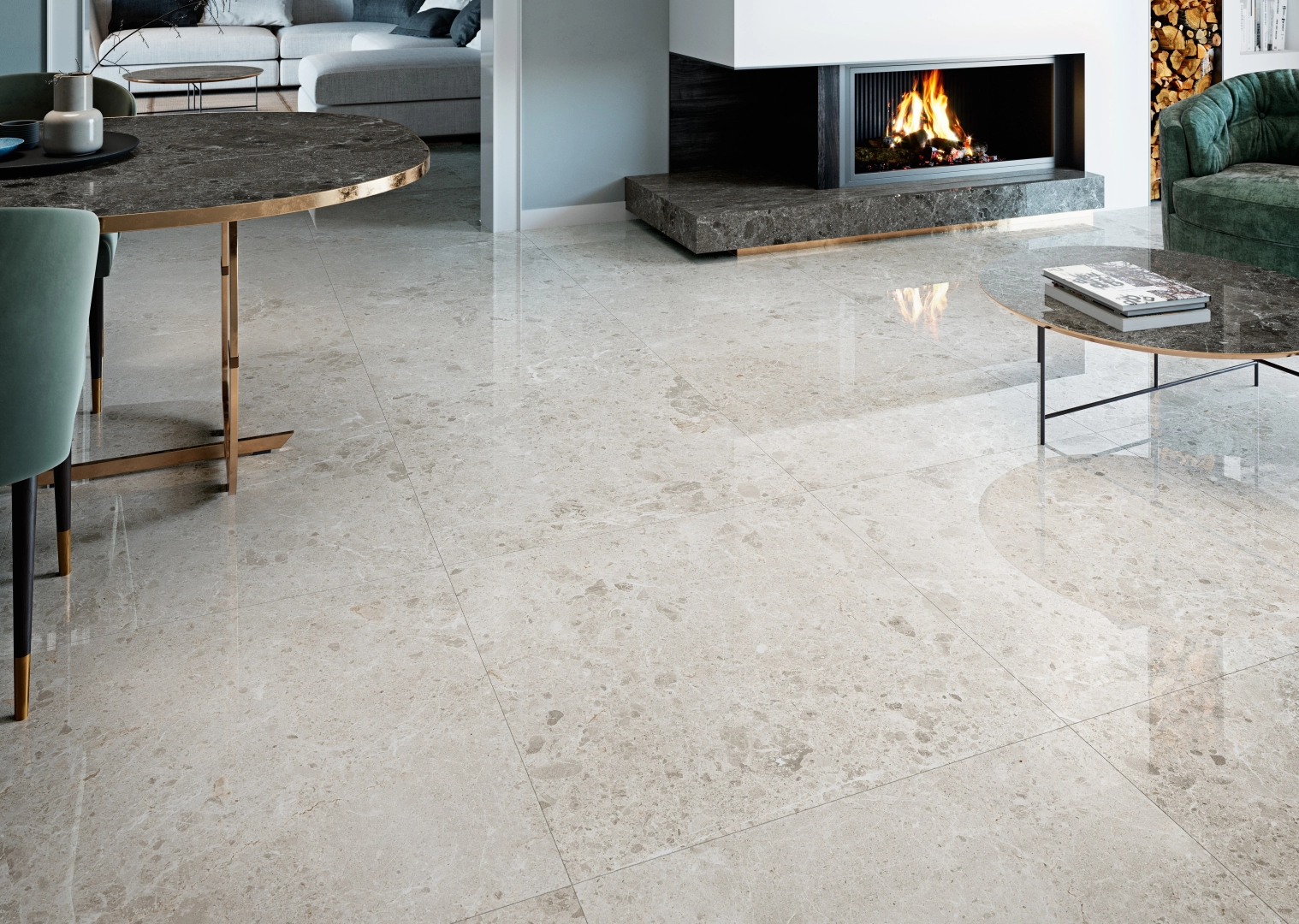Gres Grespania ARTIC efekt terrazzo, marmur - aranzacja w strefie dziennej z duzymi przeszkleniami