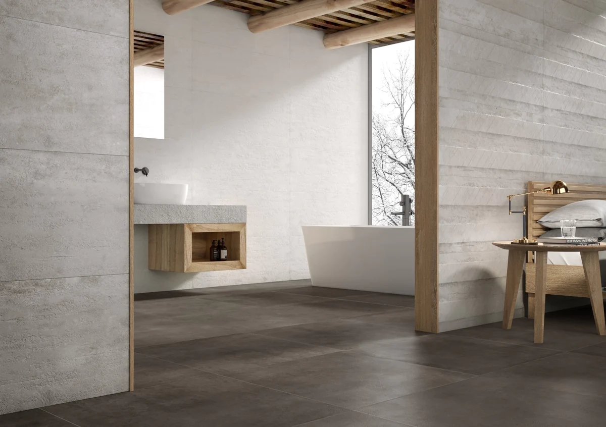Gres Grespania TEXTURE efekt kamień - aranzacja w nowoczesnym salonie