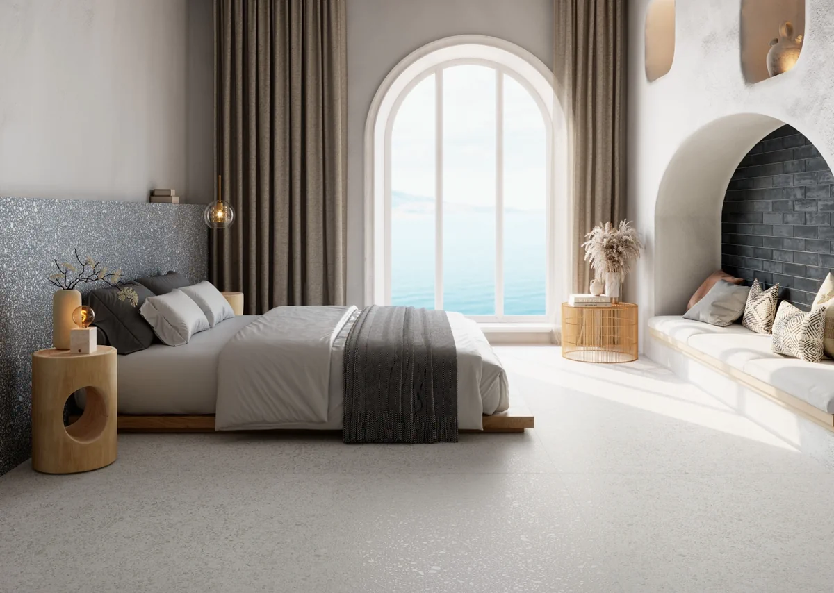 Gres Grespania SANTORINI efekt kamień - aranzacja w eleganckiej lazience