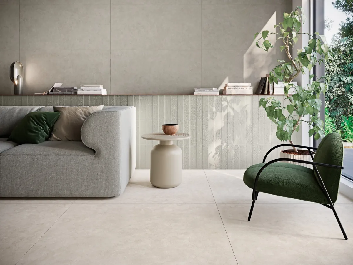 Gres Grespania SURFACE - - aranzacja w nowoczesnym salonie