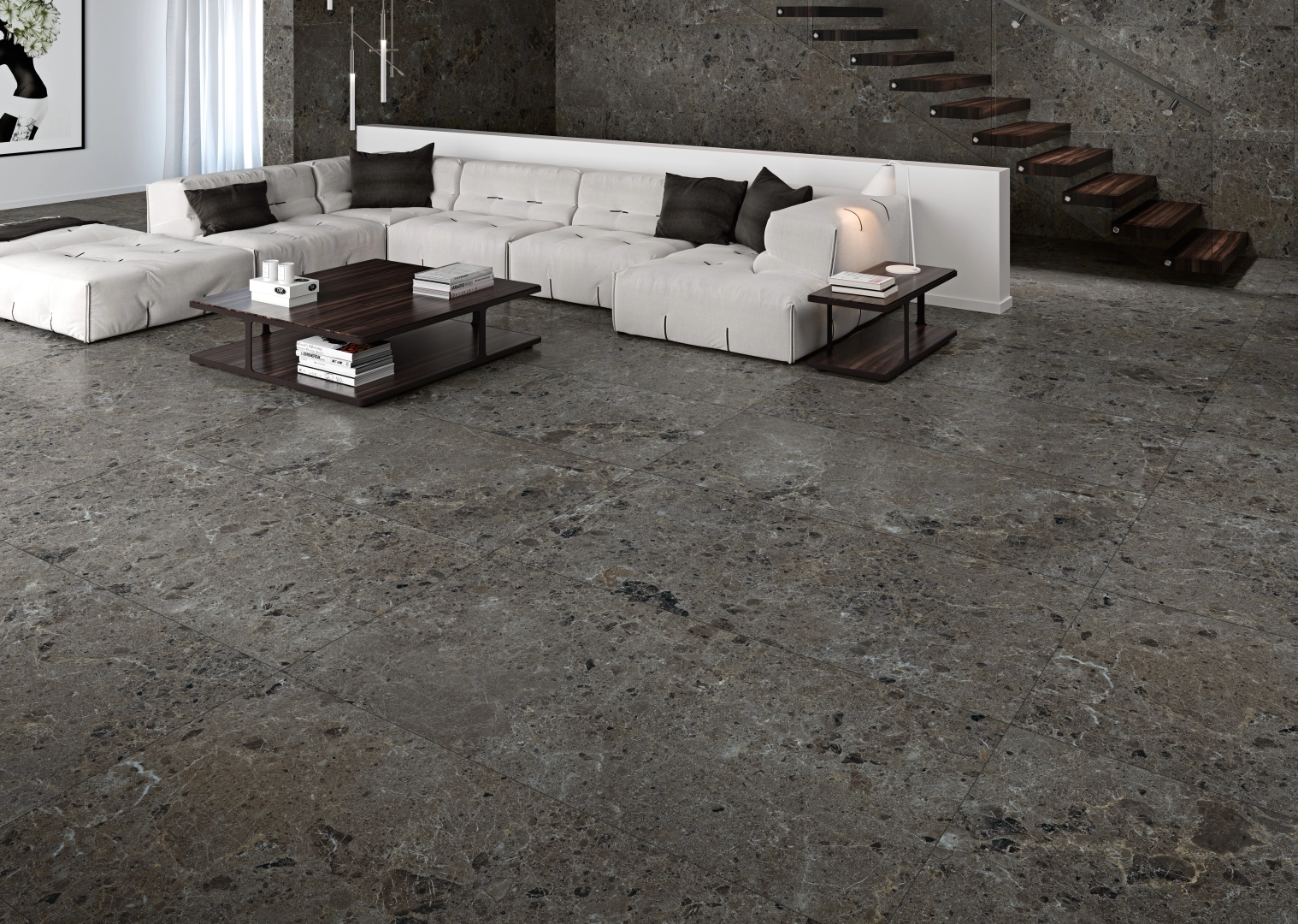 Gres Grespania ARTIC efekt terrazzo, marmur - aranzacja w nowoczesnym salonie
