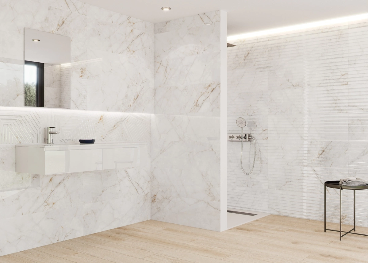Gres Grespania MARMOREA efekt marmur - aranzacja w eleganckiej lazience