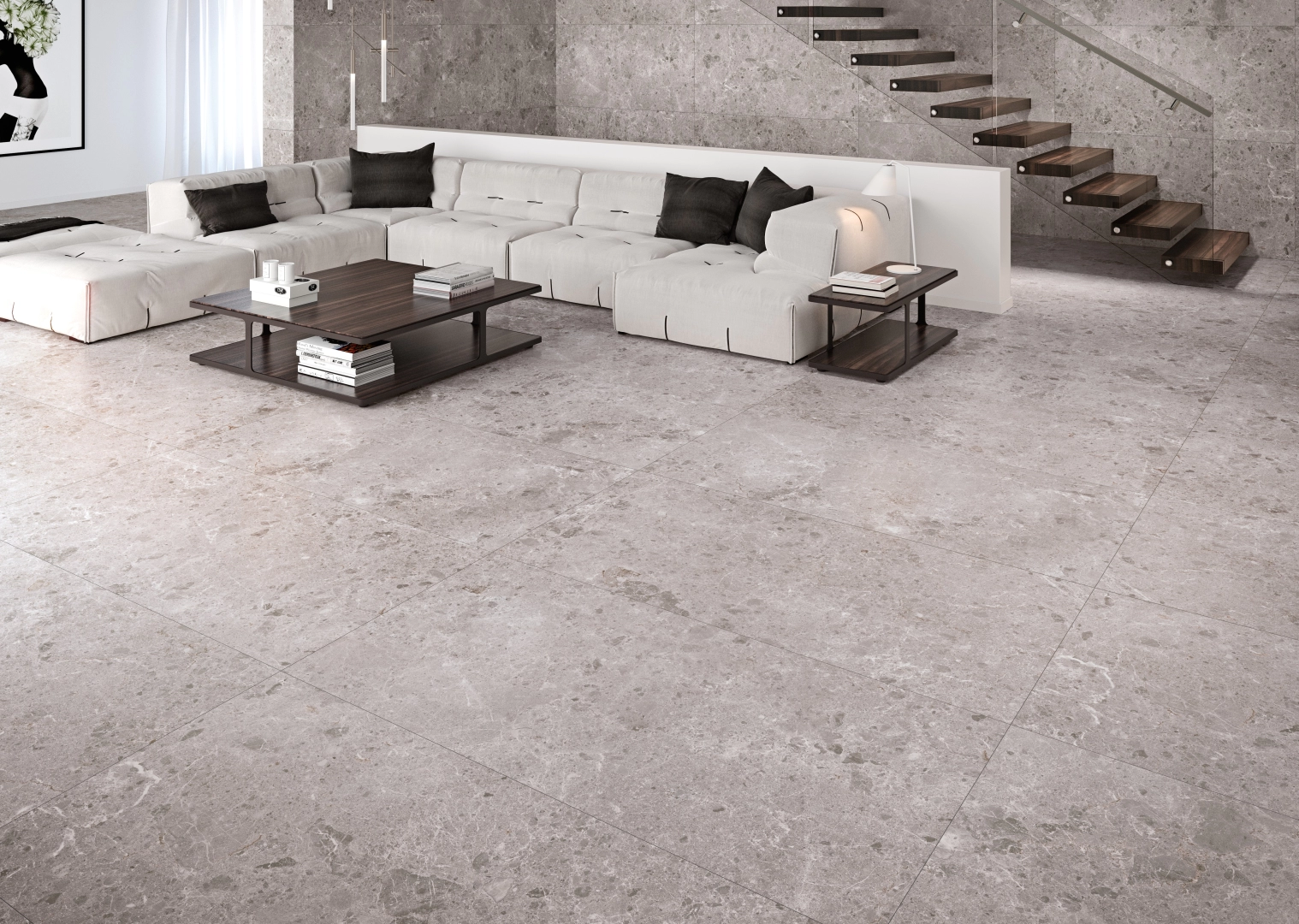 Gres Grespania ARTIC efekt terrazzo, marmur - aranzacja w minimalistycznym wnetrzu