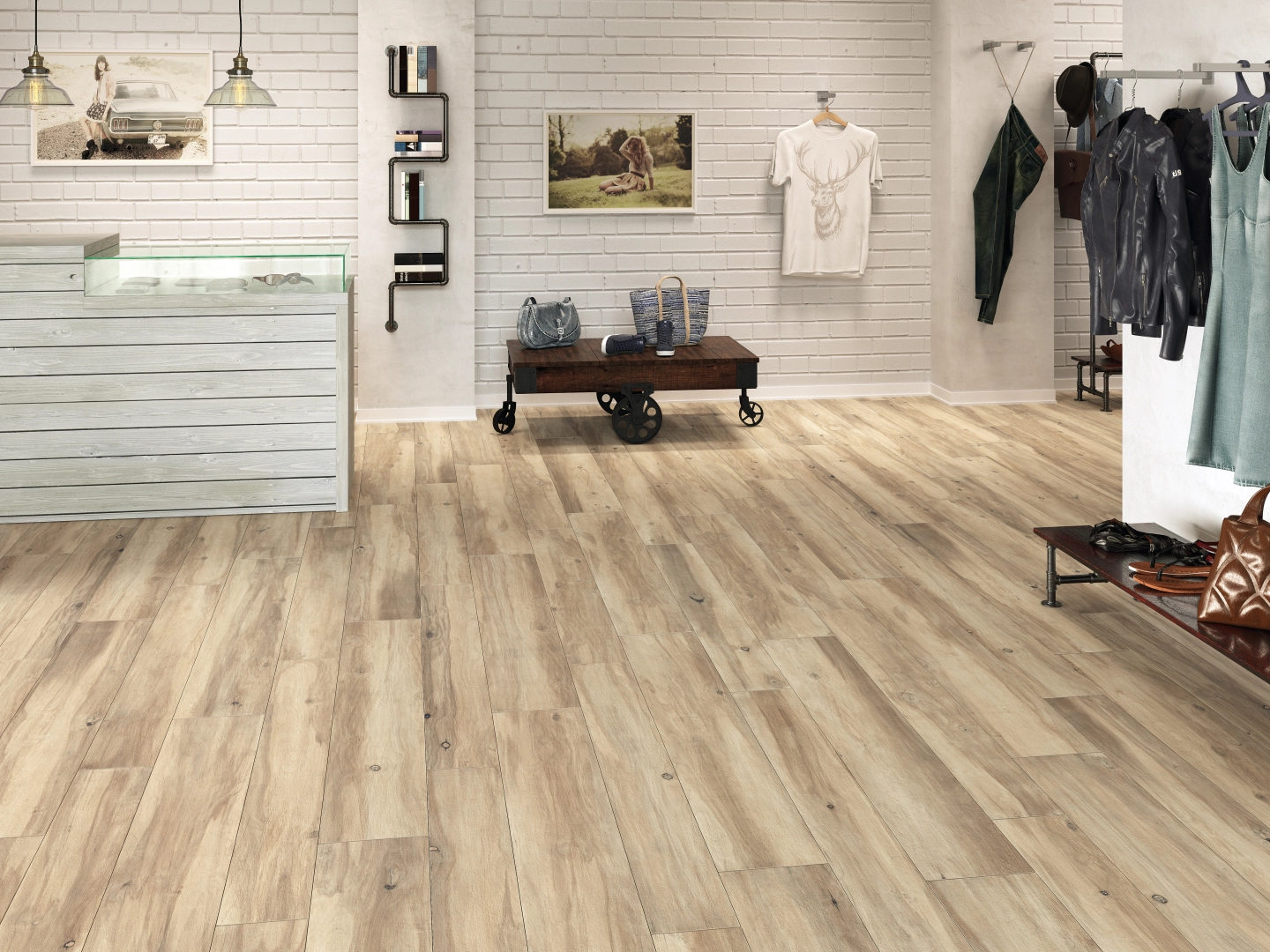 Gres Grespania SHERWOOD efekt drewno - aranzacja w przy kominku