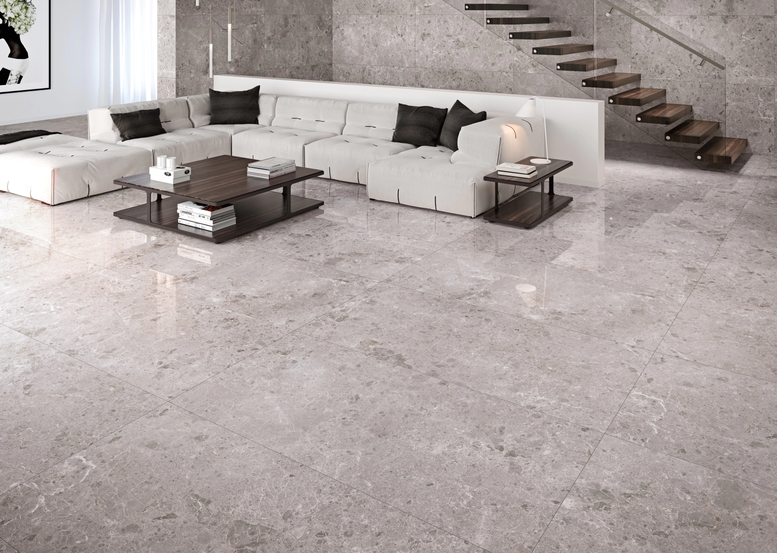 Gres Grespania ARTIC efekt terrazzo, marmur - aranzacja w przy kominku