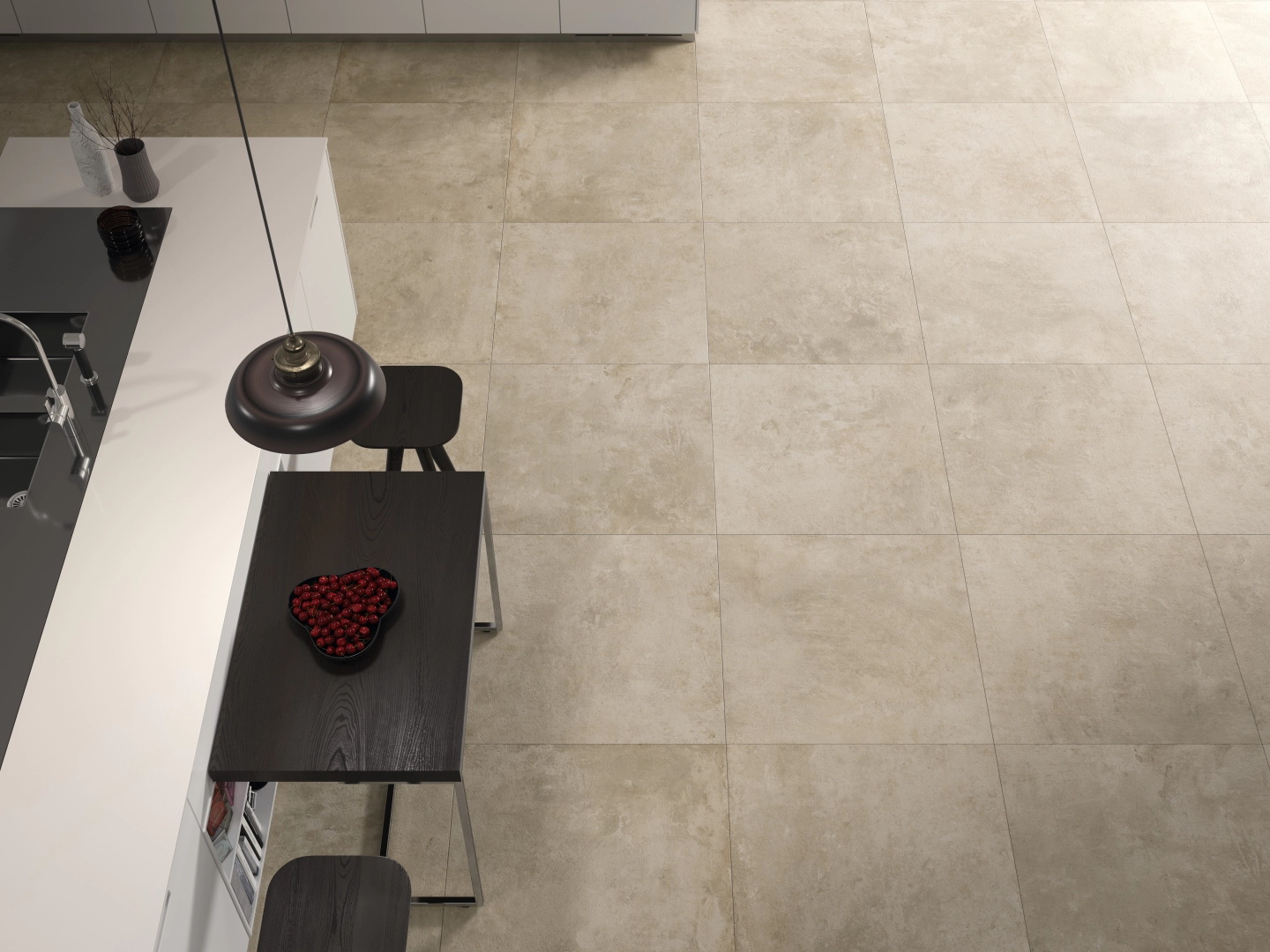 Gres Grespania TEMPO efekt beton - aranzacja w minimalistycznym wnetrzu