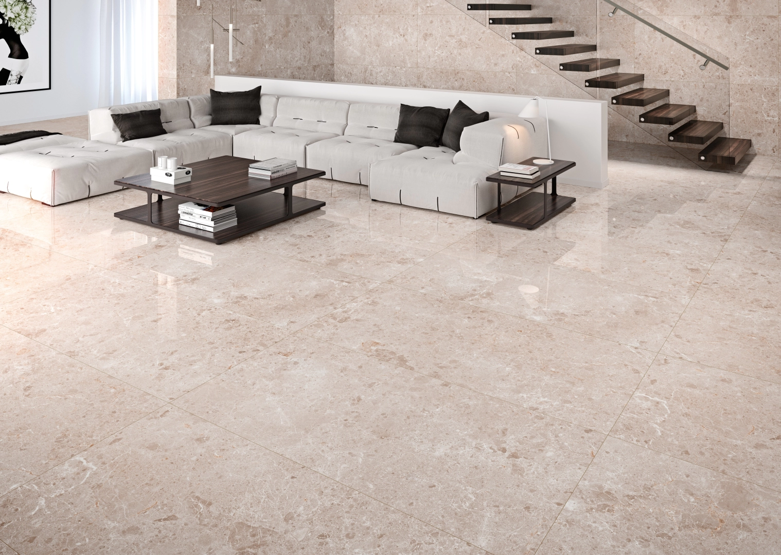Gres Grespania ARTIC efekt terrazzo, marmur - aranzacja w przy kominku