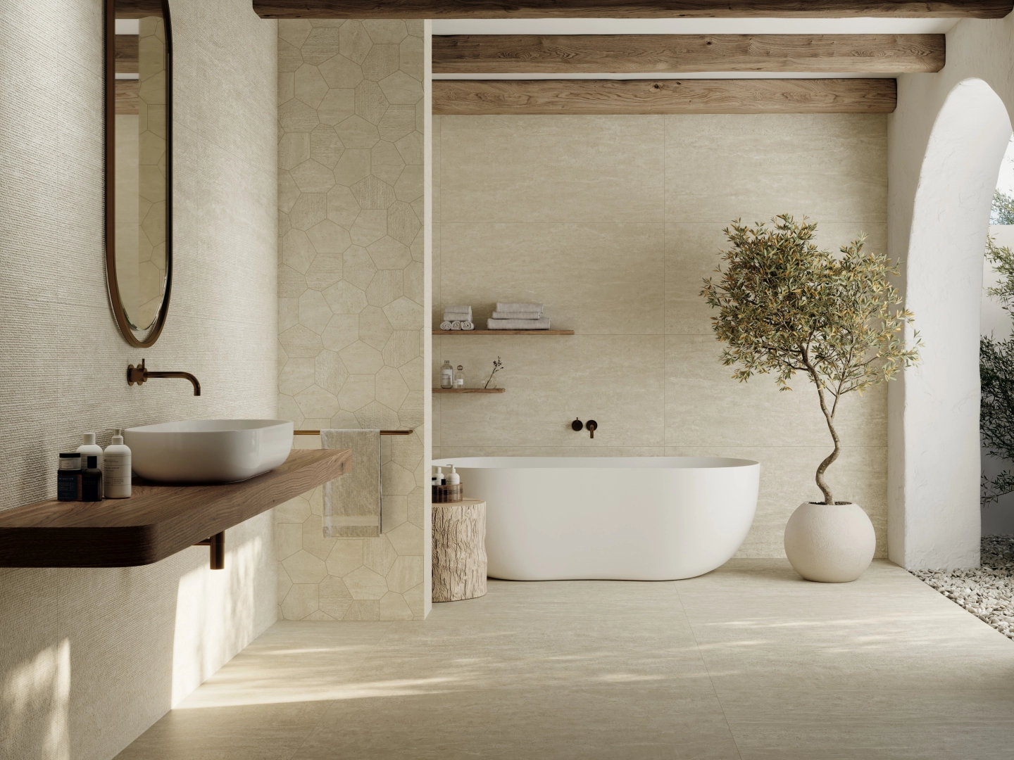 Gres Grespania RIVERSIDE efekt kamień - aranzacja w eleganckiej lazience