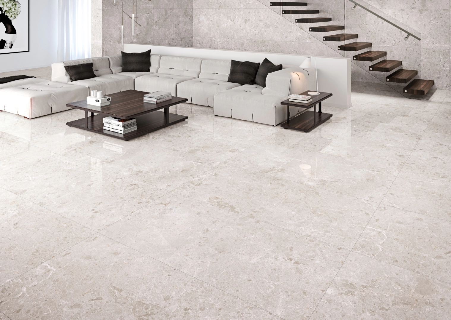 Gres Grespania ARTIC efekt terrazzo, marmur - aranzacja w nowoczesnym salonie