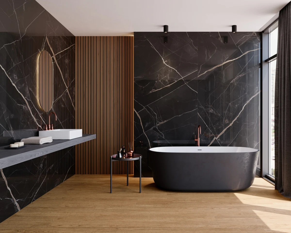 Gres Grespania CALACATA BLACK efekt marmur - aranzacja w eleganckiej lazience