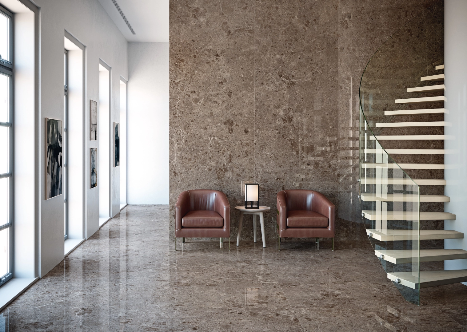 Gres Grespania ARTIC efekt terrazzo, marmur - aranzacja w nowoczesnym salonie