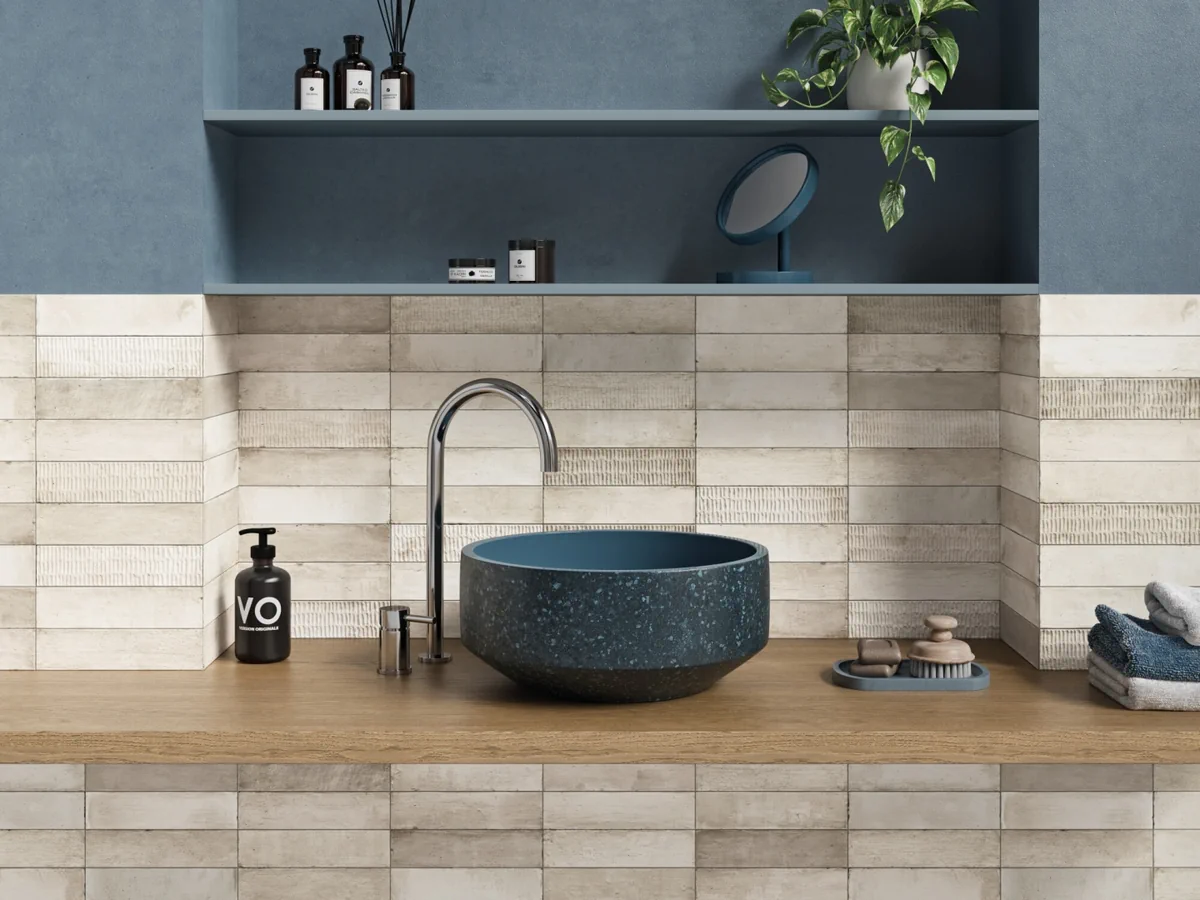 Gres Harmony LAGOON efekt cegła - aranzacja w minimalistycznym wnetrzu