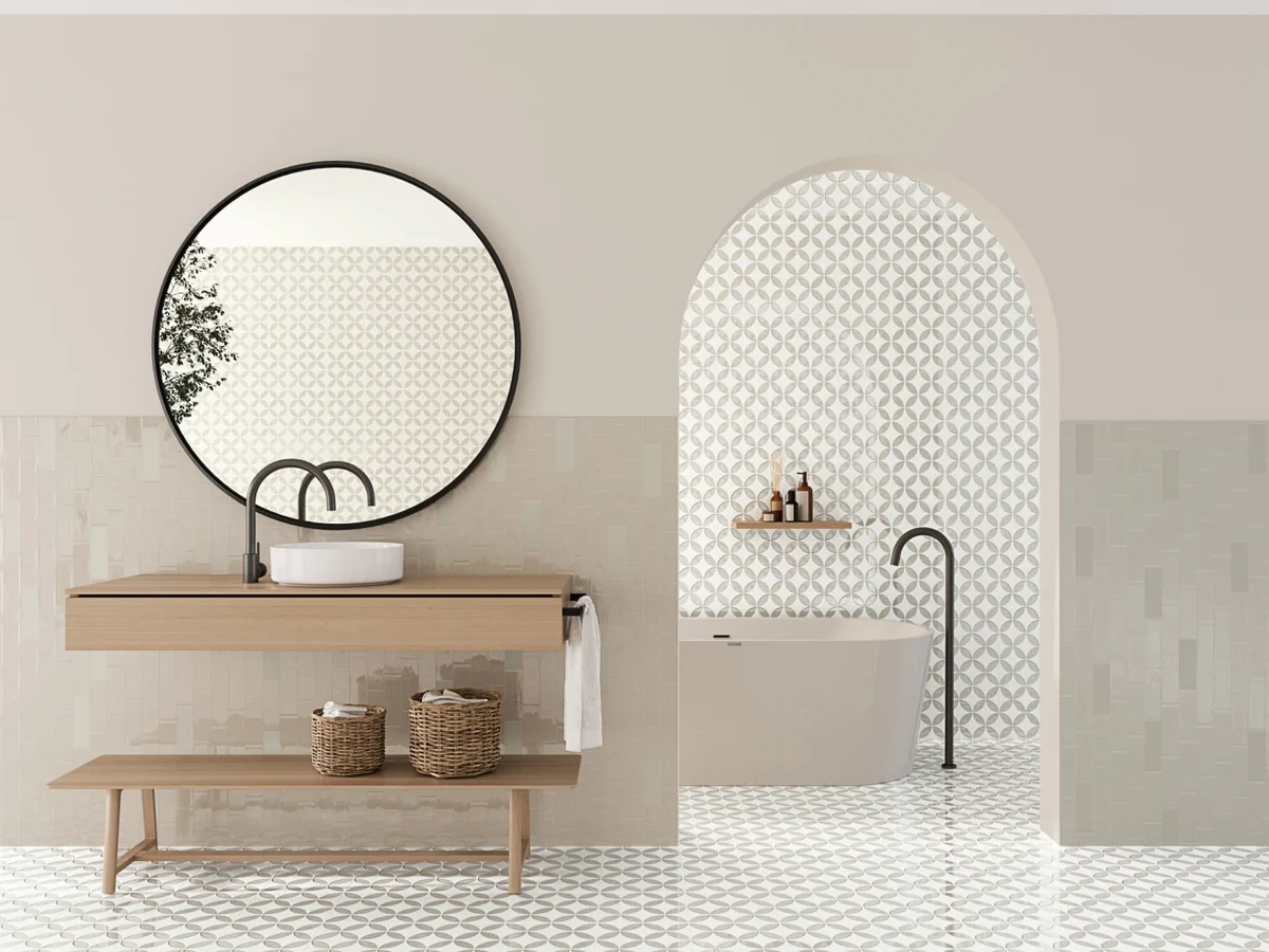 Gres Harmony MAYARI efekt wzór - aranzacja w eleganckiej lazience