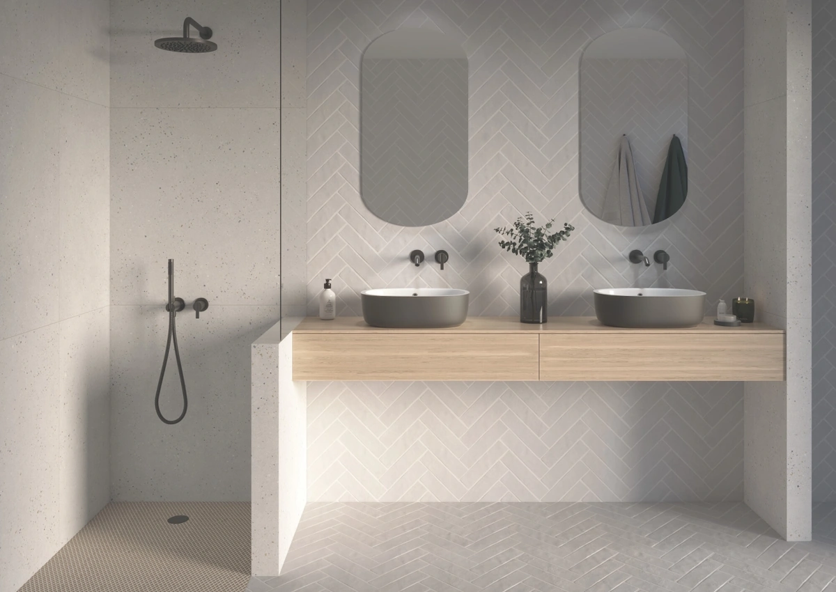 Gres Harmony SENSA efekt beton - aranzacja w eleganckiej lazience