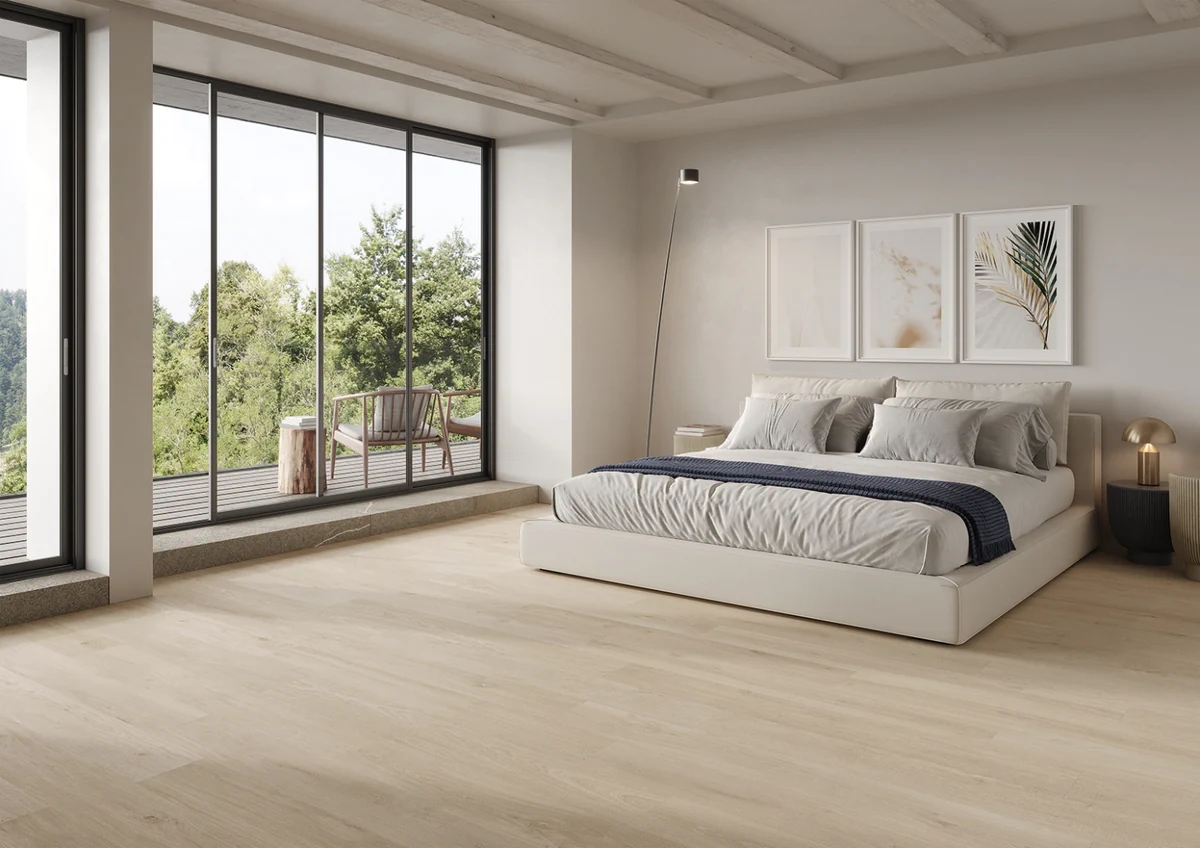 Gres Imola ELIXIR efekt drewno - aranzacja w minimalistycznym wnetrzu
