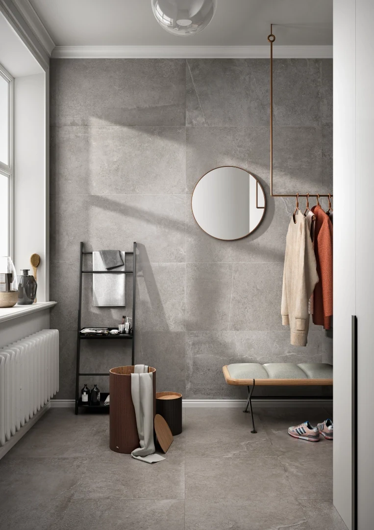 Gres Imola STONCRETE efekt kamień - aranzacja w przy kominku