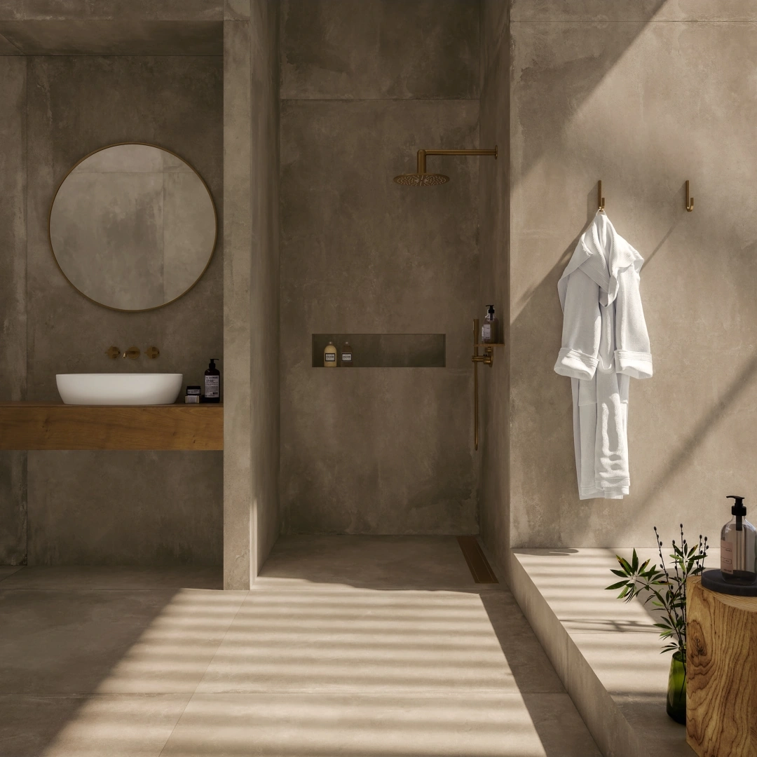 Gres Imola AZUMA UP efekt beton - aranzacja w eleganckiej lazience