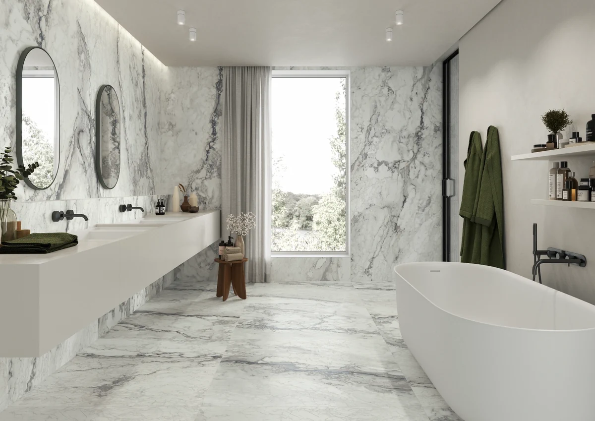 Gres Imola THE ROCK efekt marmur - aranzacja w minimalistycznym wnetrzu