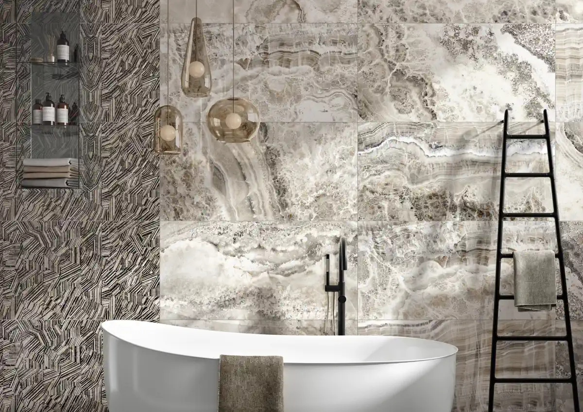 Gres Imola THE ROOM efekt marmur - aranzacja w minimalistycznym wnetrzu
