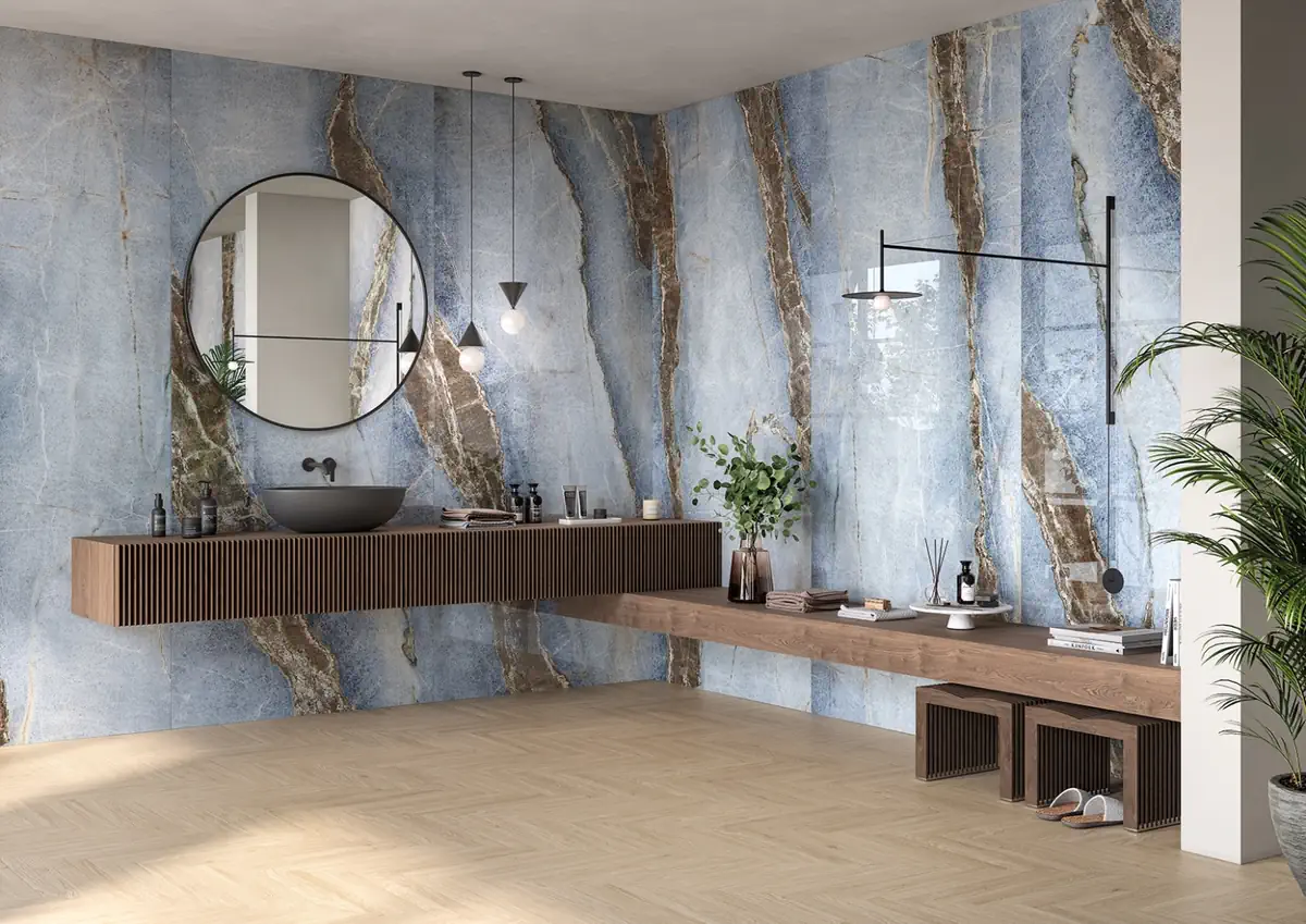 Gres Imola THE ROOM efekt marmur - aranzacja w przy kominku