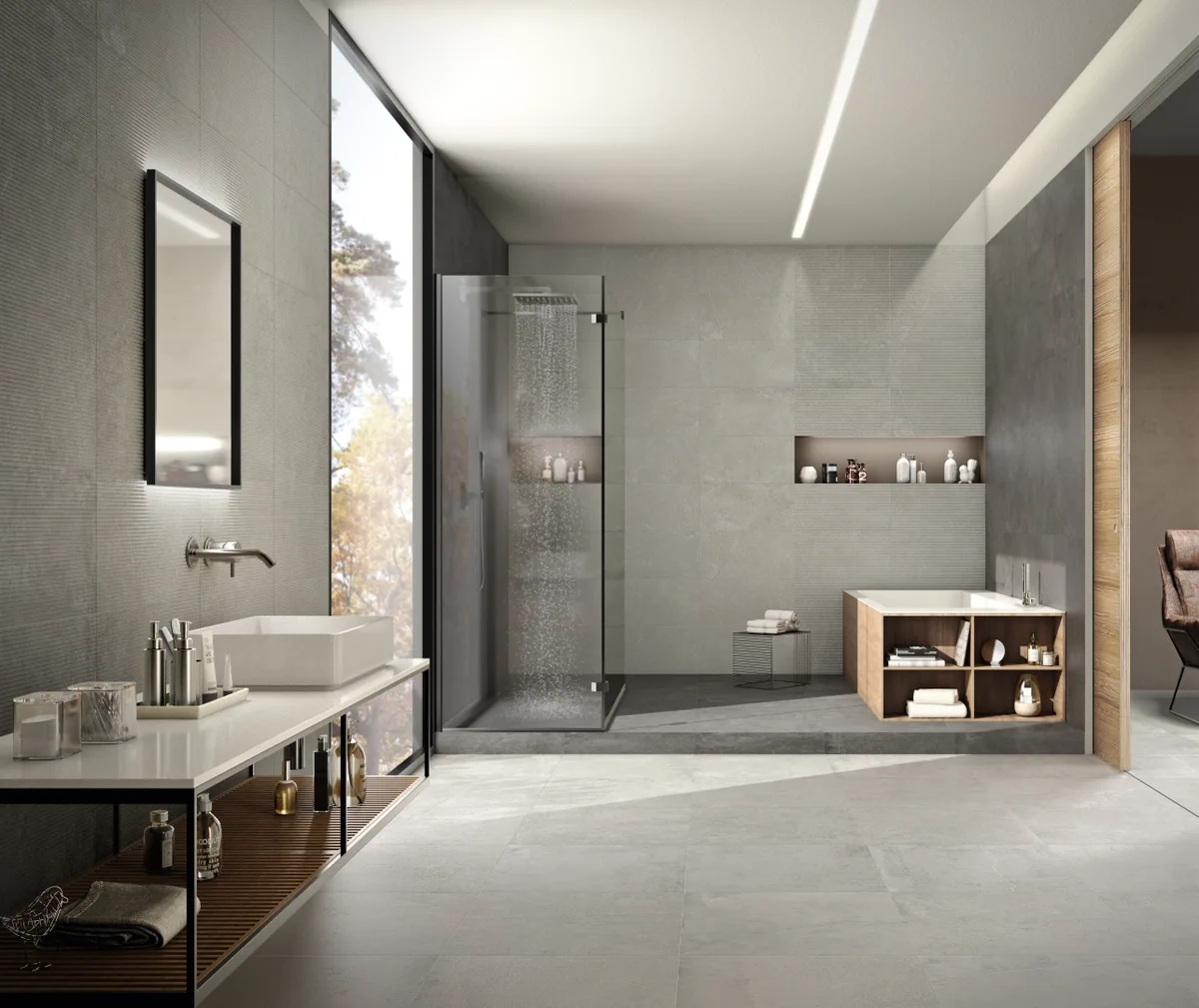 Gres Imola STONCRETE efekt kamień - aranzacja w przestronnym holu