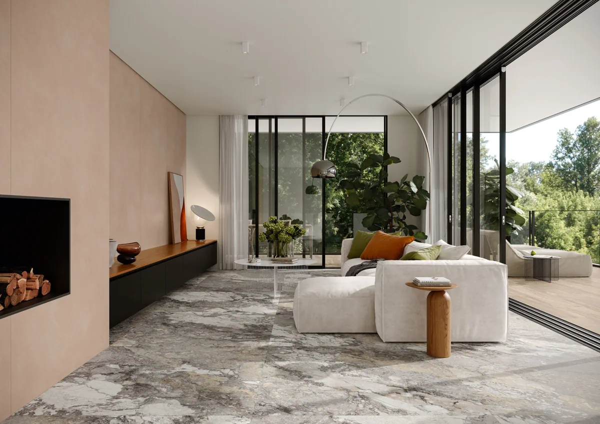 Gres Imola THE ROCK efekt marmur - aranzacja w minimalistycznym wnetrzu