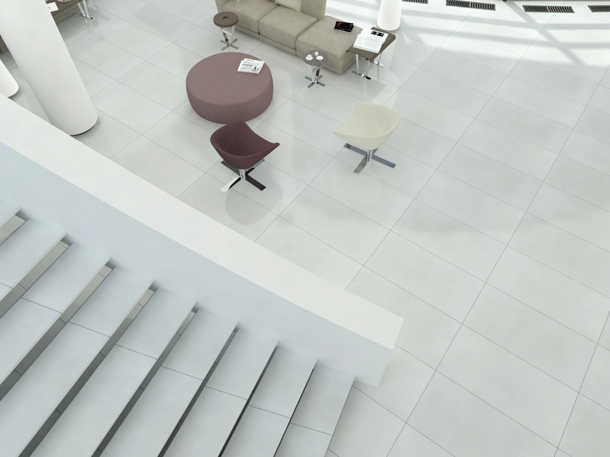 Gres Imola MICRON 2.0 efekt beton - aranzacja w korytarzu z naturalnym swiatlem