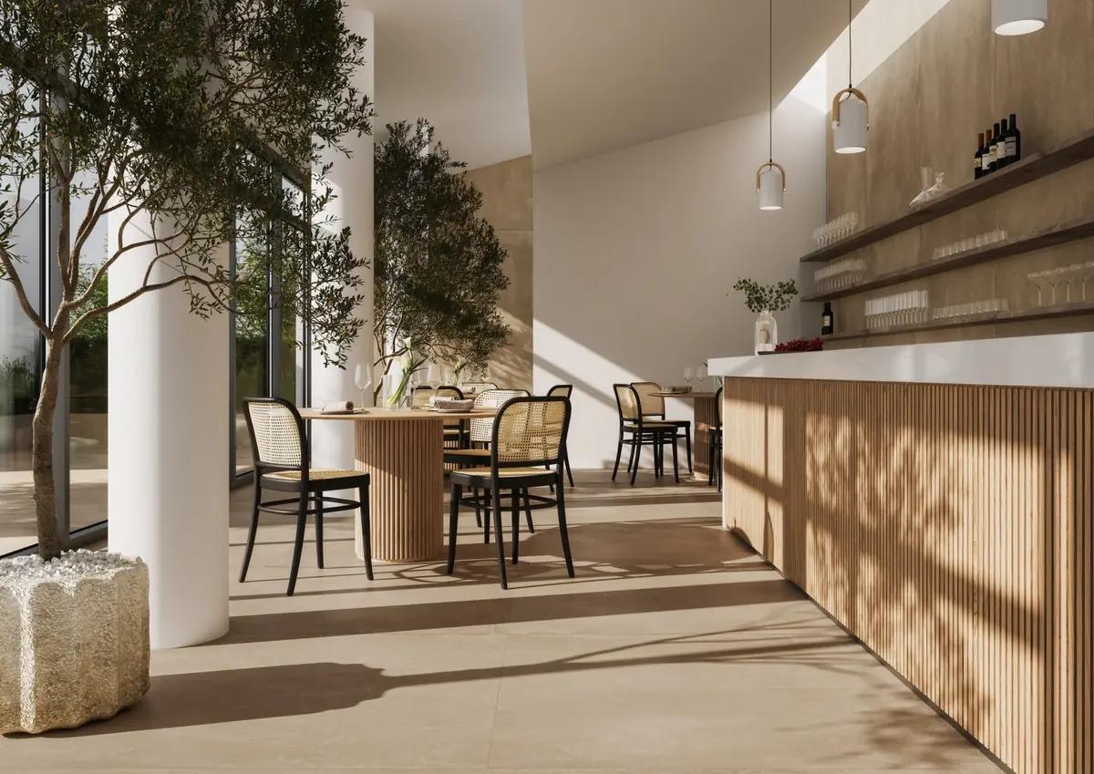 Gres Imola AZUMA UP efekt beton - aranzacja w minimalistycznym wnetrzu