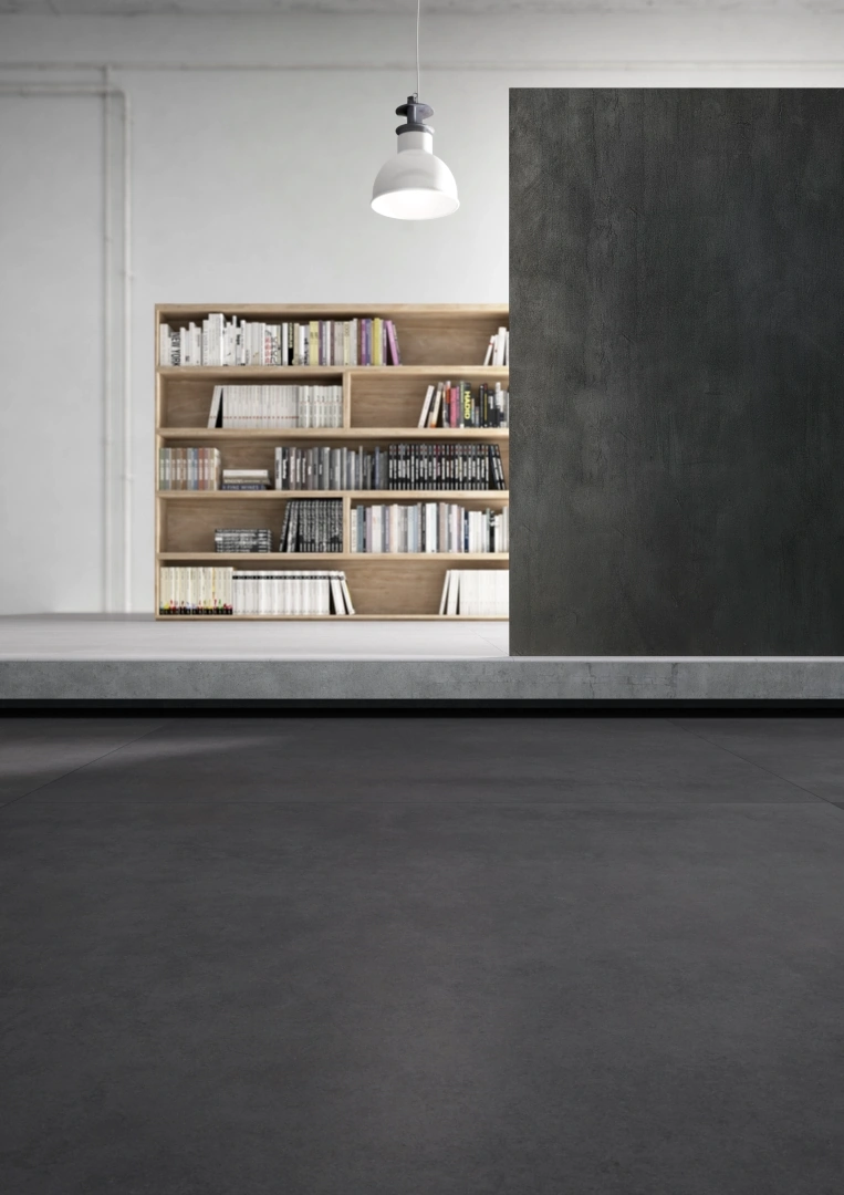 Gres Imola MICRON 2.0 efekt beton - aranzacja w przestronnym holu