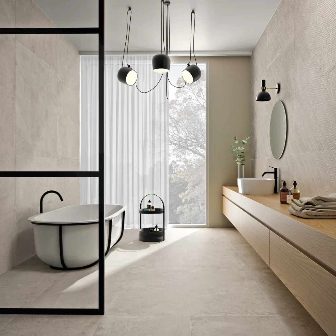 Gres Imola STONCRETE efekt kamień - aranzacja w minimalistycznym wnetrzu