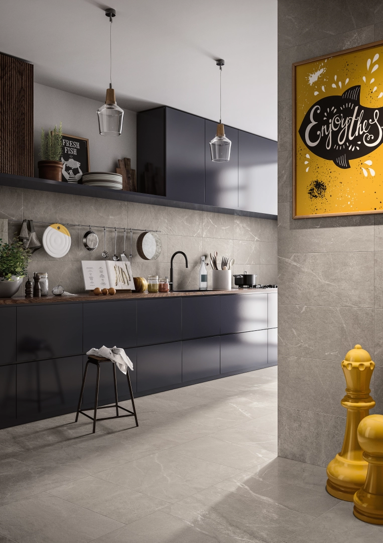 Gres Imola BLUE SAVOY efekt kamień - aranzacja w nowoczesnym salonie