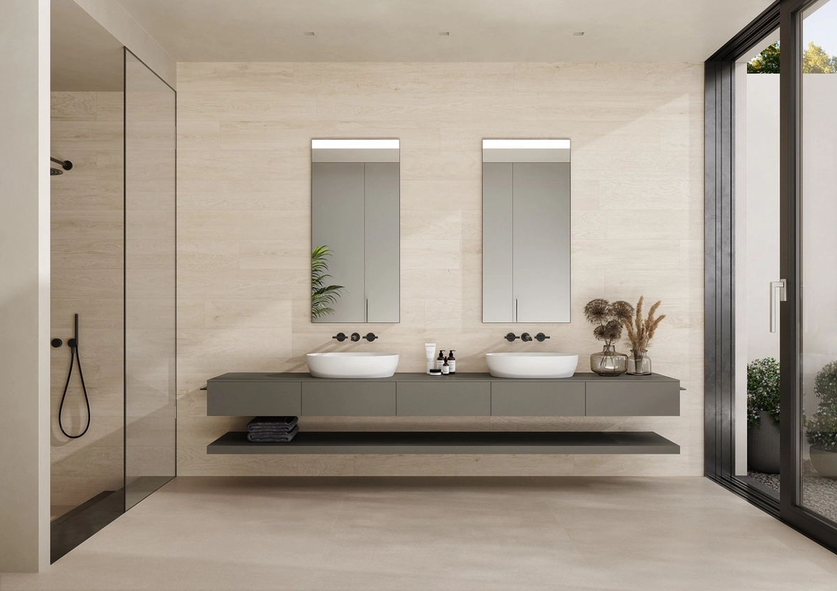 Gres Imola ELIXIR efekt drewno - aranzacja w eleganckiej lazience