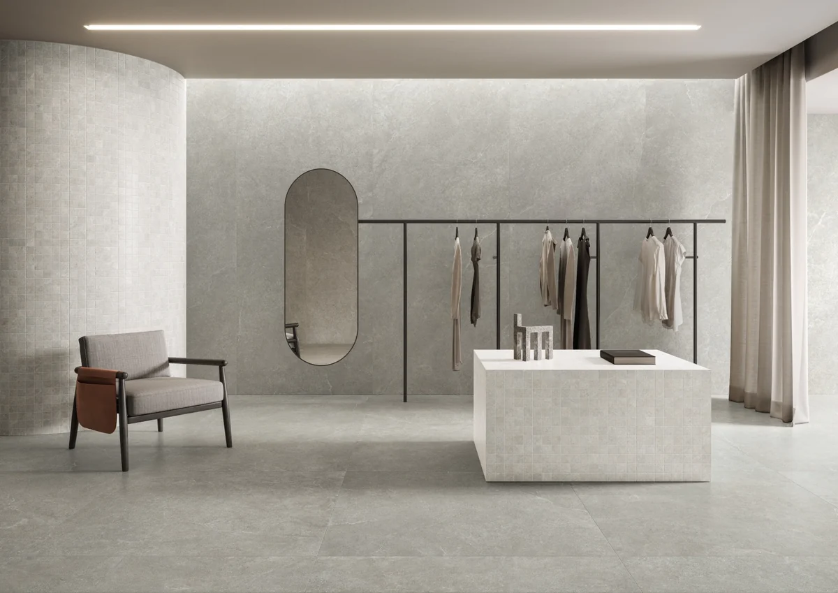 Gres Impronta LIMESTONE efekt kamień - aranzacja w nowoczesnym salonie