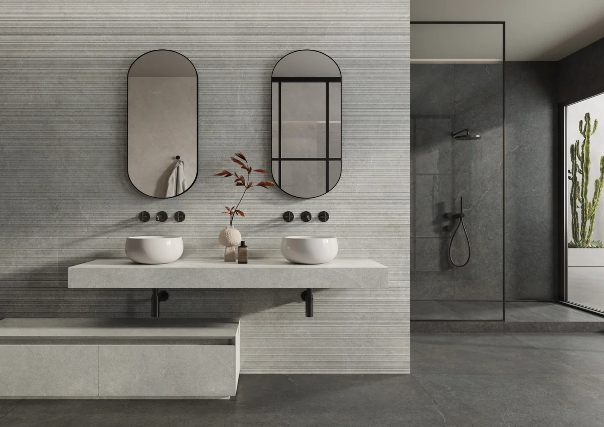 Gres Impronta LIMESTONE efekt kamień - aranzacja w minimalistycznym wnetrzu