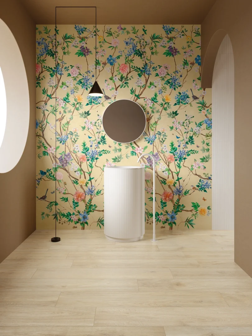 Gres Impronta LINFA efekt drewno - aranzacja w eleganckiej lazience
