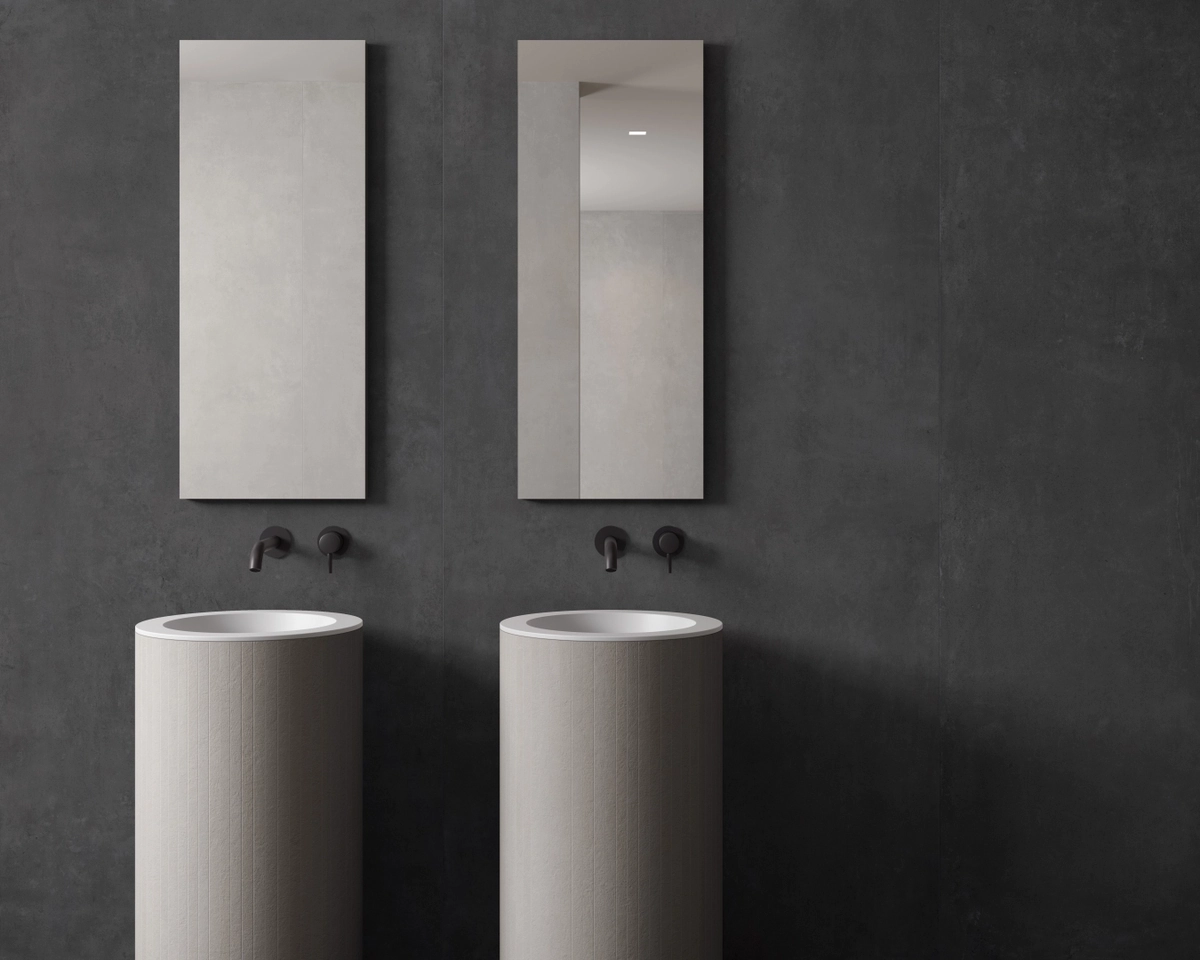 Gres Impronta CONCRETE efekt beton - aranzacja w przestronnym holu