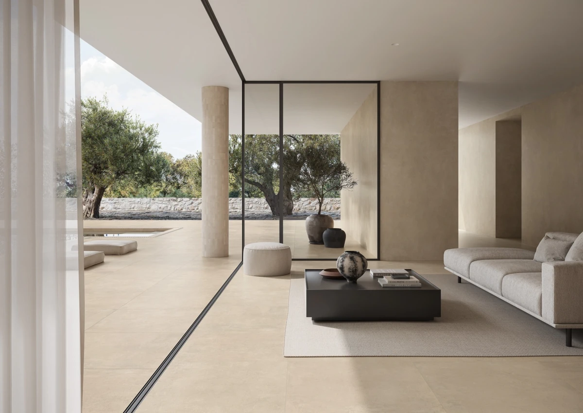 Gres Impronta CONCRETE efekt beton - aranzacja w przy kominku