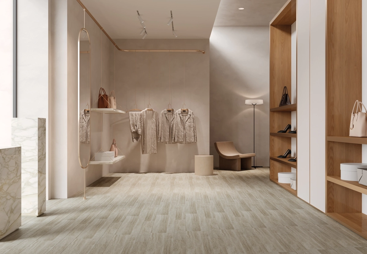 Gres Iris E-WOOD efekt drewno - aranzacja w eleganckiej lazience